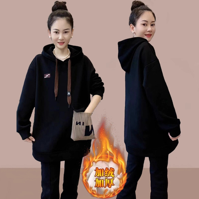 中长款遮屁股上衣女2025冬季新款小个子连帽卫衣加绒加厚长袖外套