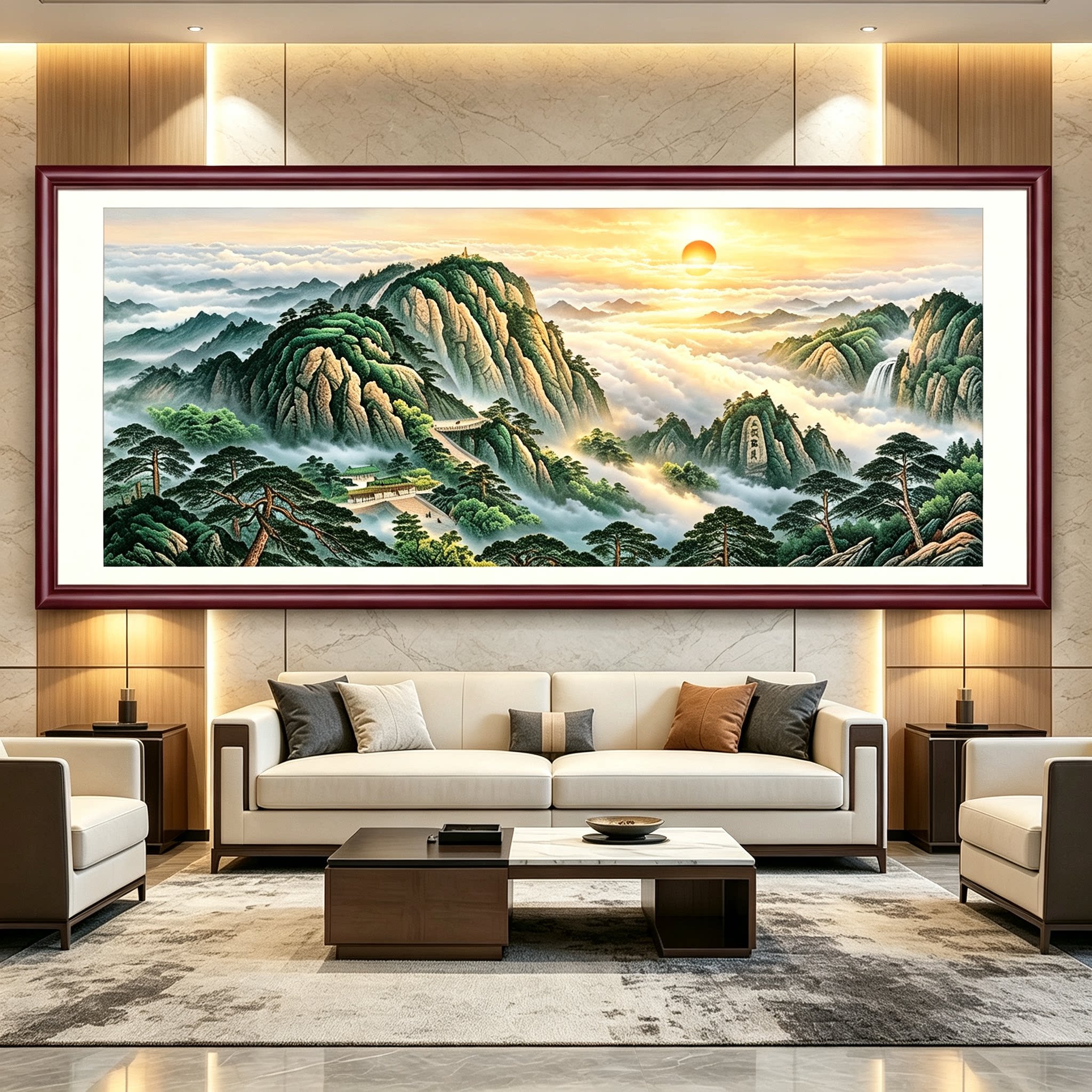 实木框泰山日出旭日东升山水画中现代装饰画