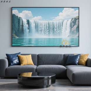 海阔天空现代简约客厅沙发背景墙装饰画蓝色风景海水瀑布大树挂画