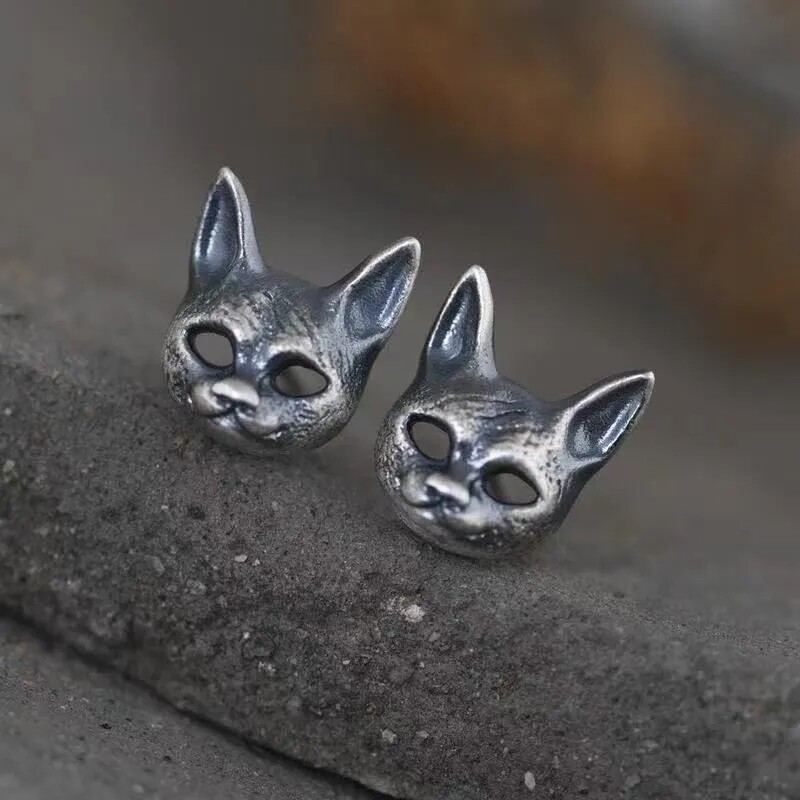 灵猫 复古做旧手工面具猫镂空耳钉耳饰个性猫咪男女款摇滚个性