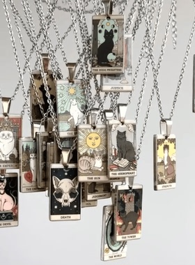 不掉色复古猫猫塔罗牌吊坠项链