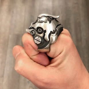 盔甲长钩ins风个性复古前卫宗师机甲王巨人殖装机甲银色戒指指环