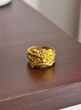 「瑞兽呈祥」金色醒狮瑞兽戒指国潮轻奢风转运霸气男尾戒指环