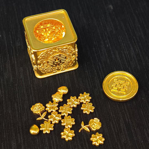 「存钱罐」双囍字存钱罐创意黄金色饼干盒摆件新年喜庆结婚礼物