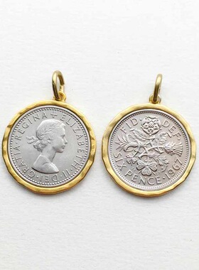 仿英国六便士硬币加边框包边吊坠子复古人像金银色中古项链小众
