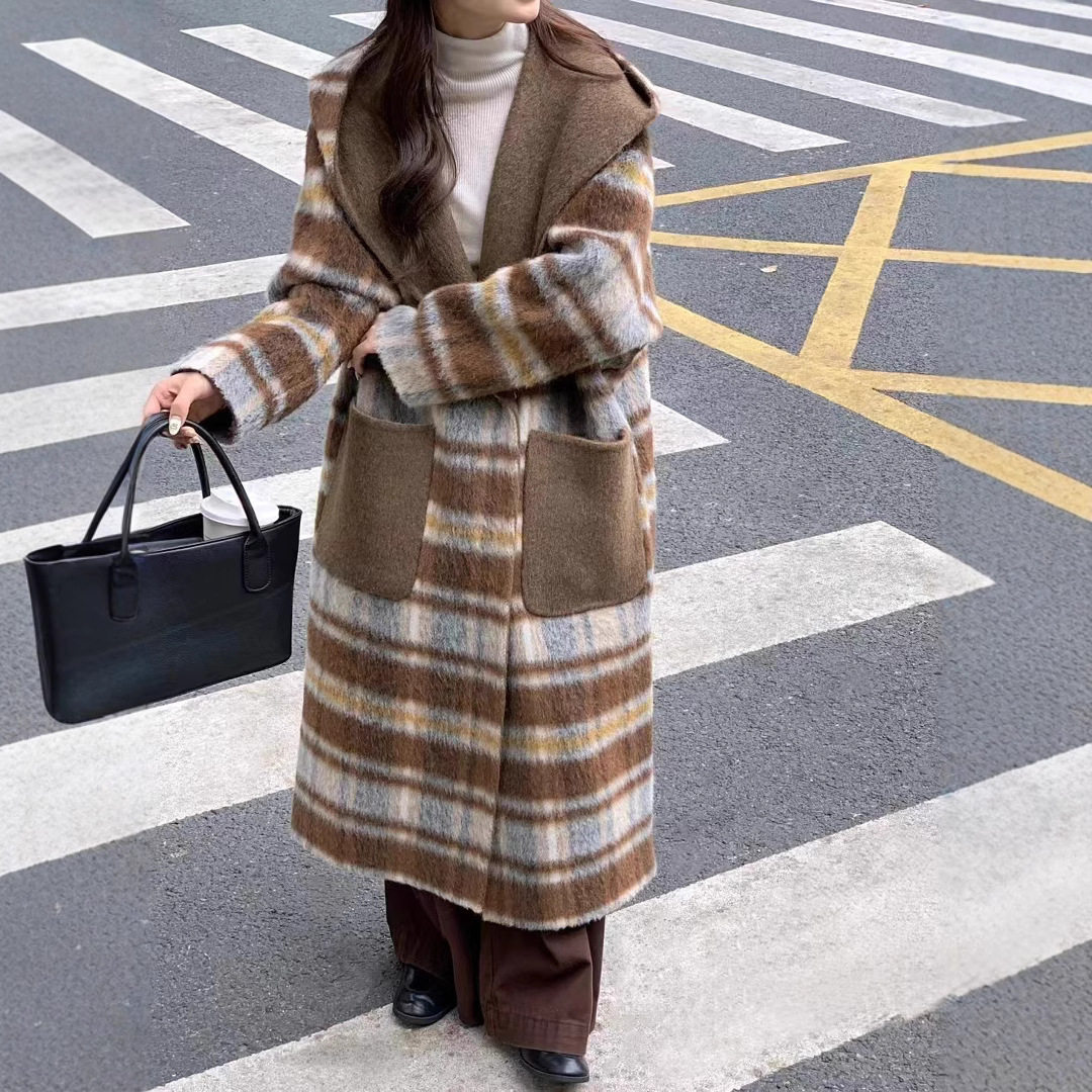 正反两面穿 阿尔巴卡羊驼毛双面呢大衣 长毛格子宽松连帽女装