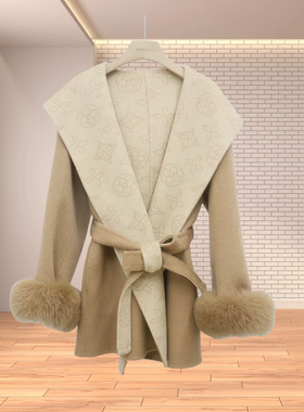 AB面双色可脱卸狐狸毛中长款羊毛大衣 女连帽H版型通勤休闲呢外套