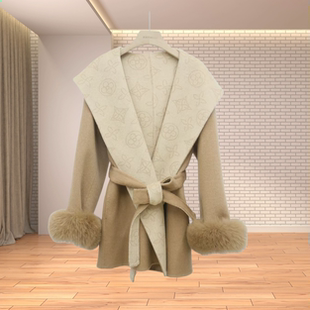 型通勤休闲呢外套 女连帽H版 AB面双色可脱卸狐狸毛中长款 羊毛大衣