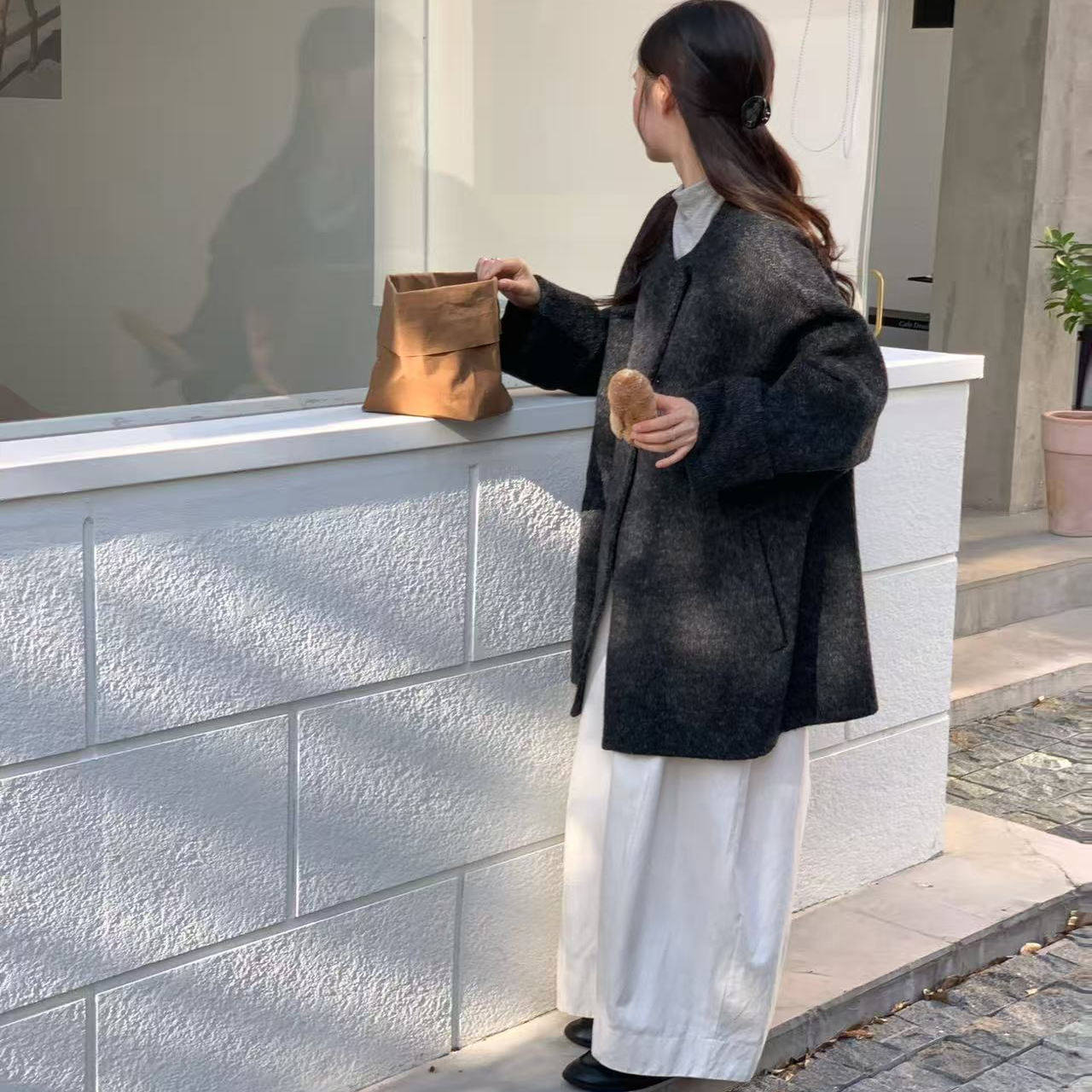 秋冬双面羊毛慵懒大衣圆领蝙蝠袖