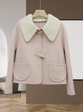 新品针织娃娃领双面羊毛大衣小香风短款秋冬韩系甜美减龄短外套女