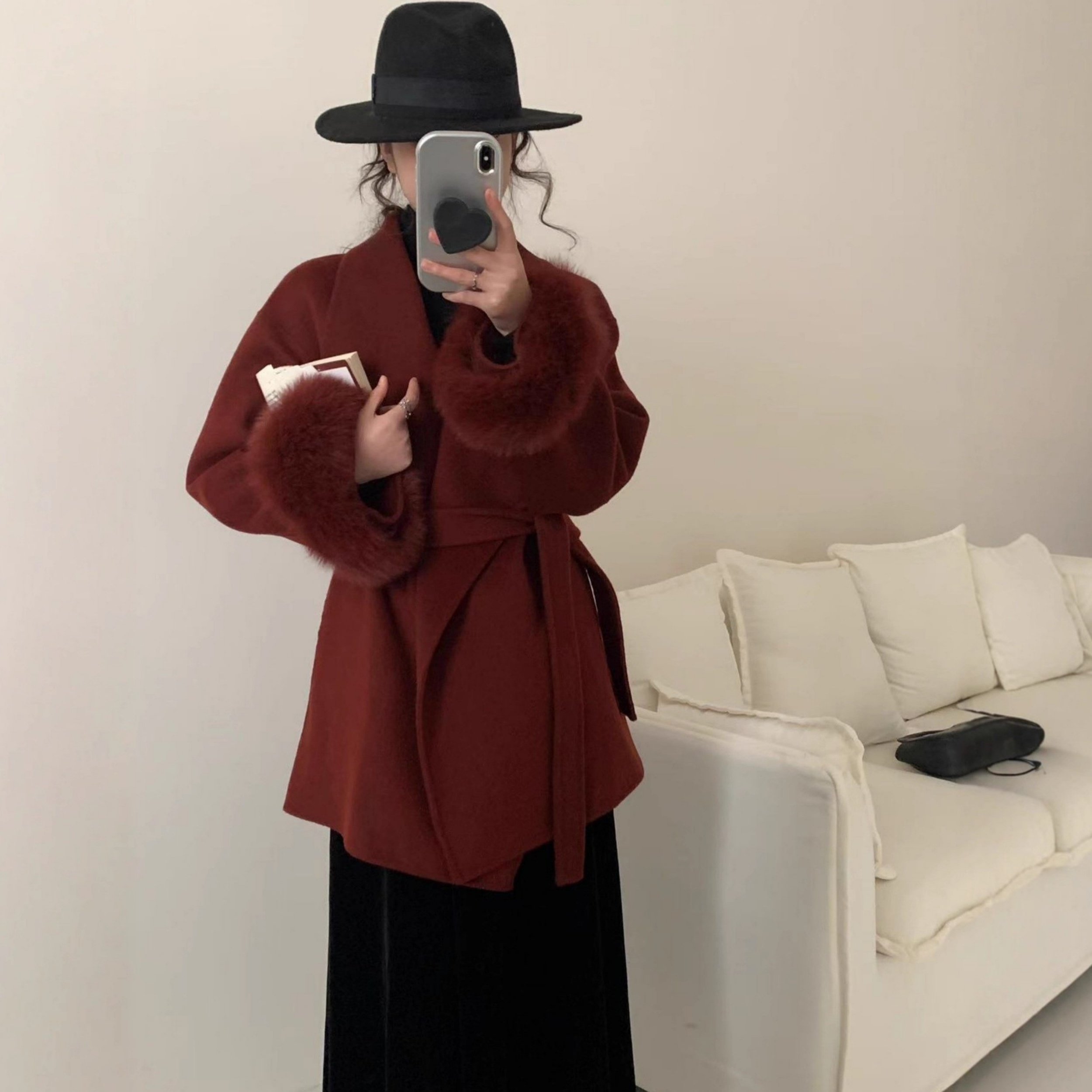 宽松浴袍羊毛大衣可拆卸狐狸毛