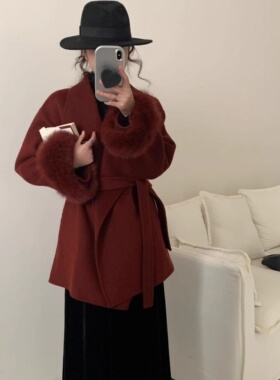 大翻领宽松浴袍羊毛大衣可拆卸狐狸毛袖口设计双面呢外套秋冬新款