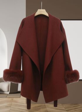 秋冬新款级感双面羊绒大衣女大翻领袖口狐狸毛可拆卸中长款外套