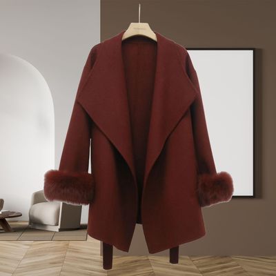 可拆卸狐狸毛双面羊绒大衣