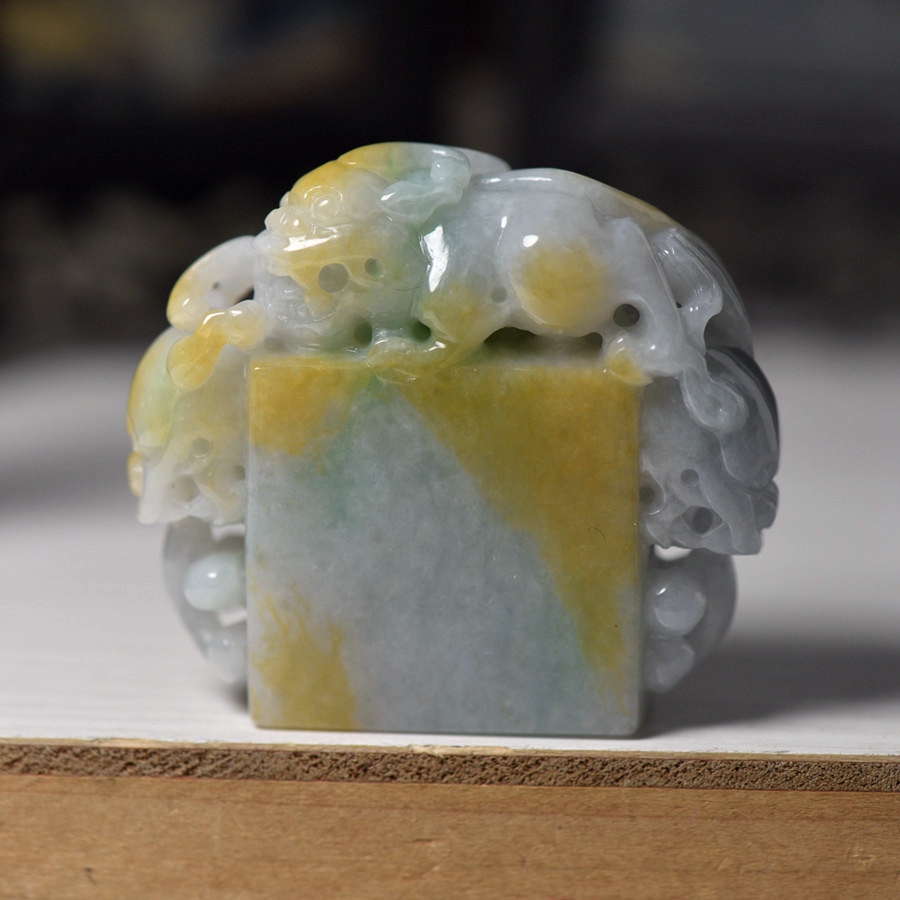 A货缅甸翡翠玉石貔貅印章摆件玉器黄翡玉石皮休小摆手工雕刻带证