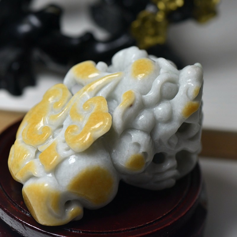 缅甸翡翠A货玉石貔貅摆件黄翡玉器大气皮丘摆饰玉皮丘带证书