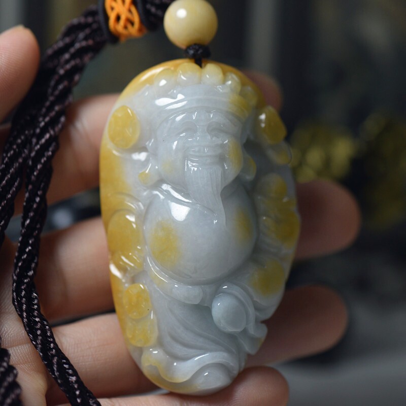 缅甸翡翠A货财神手把件附证书