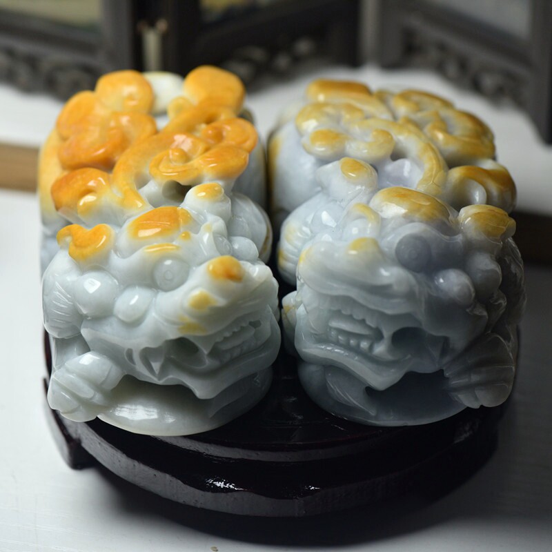 翡翠A货玉石大貔貅摆件一对黄翡玉器柜台书桌茶宠摆件带证书