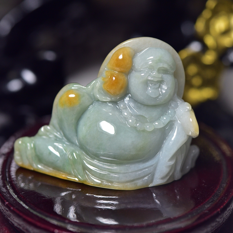 缅甸翡翠A货玉石弥勒佛摆件大肚佛玉器小摆黄翡翠玉雕带证书