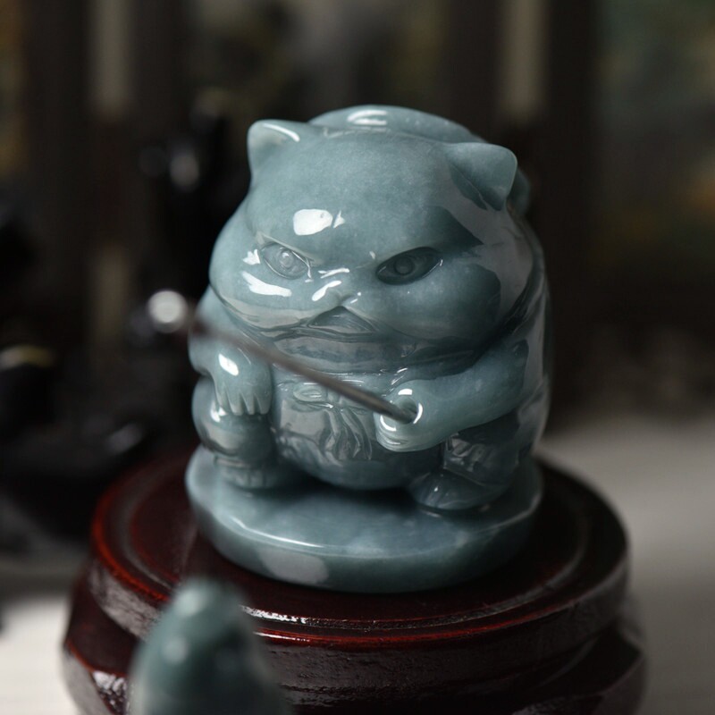 天然翡翠A货玉石小猫钓鱼摆件特色玉器摆饰玉石带证书