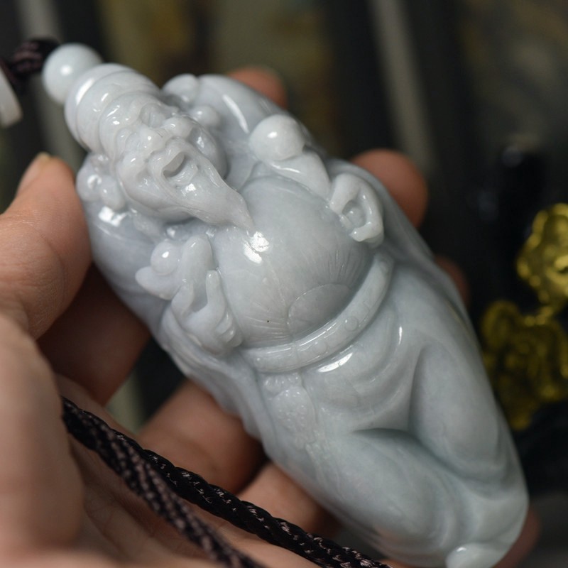缅甸天然翡翠A货玉石财神把件手玩件玉石男女款手拿玉器带证书