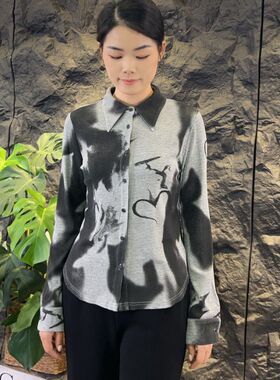 可路莎专柜241141春秋新款休闲扎染复古风衬衫女修身显瘦衬衣