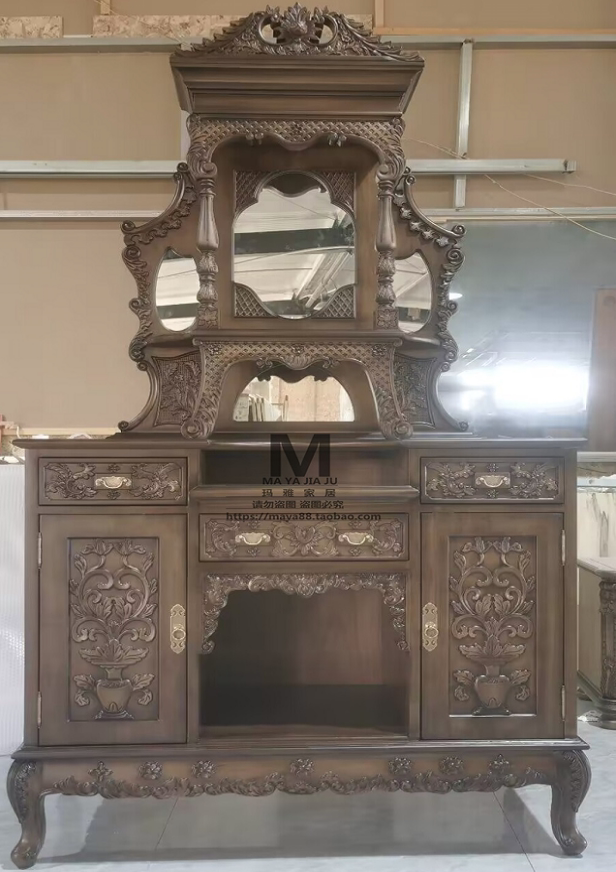 美式实木餐边柜法式中古雕花柜玄关柜古典纹饰带镜梳妆柜摄影边柜