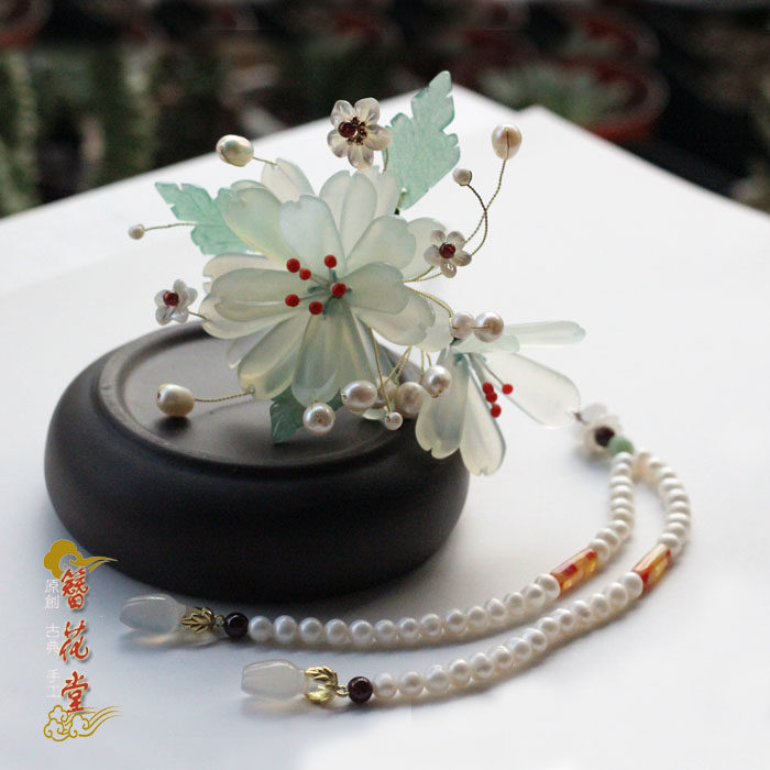 【簪花堂】晚凝香手工复古岫玉簪银簪子汉服步摇流苏配饰古装头饰