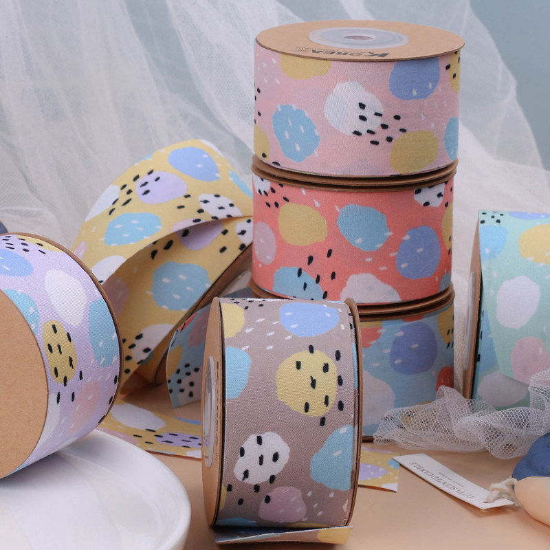 彩色圆形涂鸦织带diy蝴蝶结发饰发夹鲜花礼品装饰双面印刷小雨点