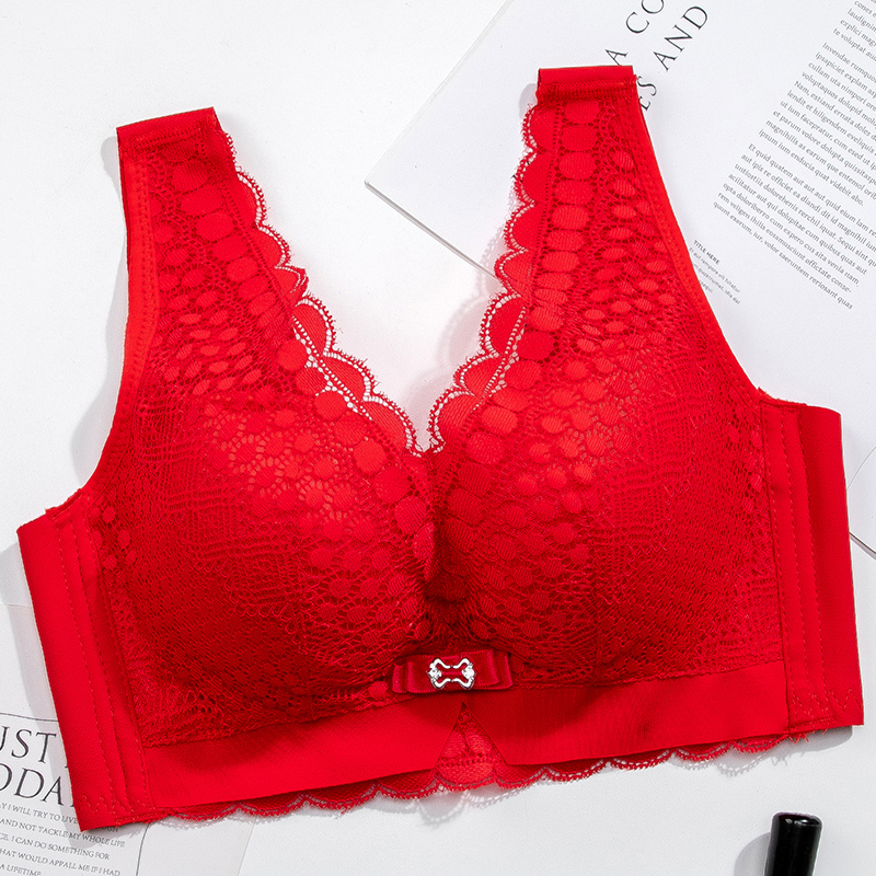 红色内衣女小胸聚拢加厚上托调整型胸罩性感背心式无钢圈乳胶文胸
