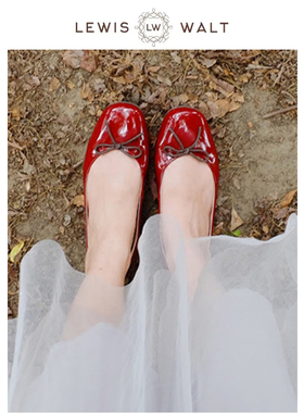 Lewis Walt浅口方头复古牛羊漆皮蝴蝶结芭蕾舞平底女法式小红鞋