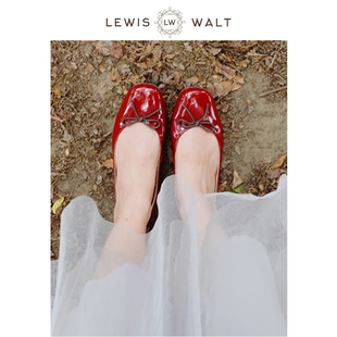 小红鞋 Lewis Walt浅口方头复古牛羊漆皮蝴蝶结芭蕾舞平底女法式