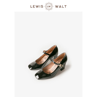 Lewis 复古方头漆皮一字扣玛丽珍粗跟女7CM Walt法式