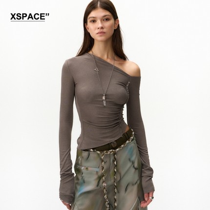 【XSPACE】Dpercent｜醋酸羊毛混纺毛边斜肩长袖打底上衣内搭