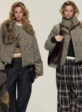 【XSPACE】Dpercent丨茶绿褐麂皮皮草围巾棉服短外套迪丽热巴同款