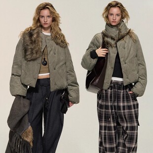 【XSPACE】Dpercent丨茶绿褐麂皮皮草围巾棉服短外套迪丽热巴同款