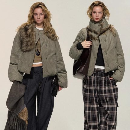 【XSPACE】Dpercent丨茶绿褐麂皮皮草围巾棉服短外套迪丽热巴同款
