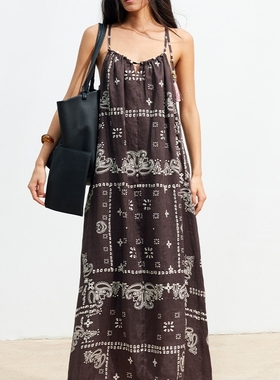【XSPACE】Dpercent丨亚麻舒适透气波嬉风印花串珠流苏吊带连衣裙