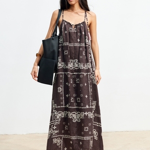 【XSPACE】Dpercent丨亚麻舒适透气波嬉风印花串珠流苏吊带连衣裙