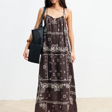 【XSPACE】Dpercent丨亚麻舒适透气波嬉风印花串珠流苏吊带连衣裙