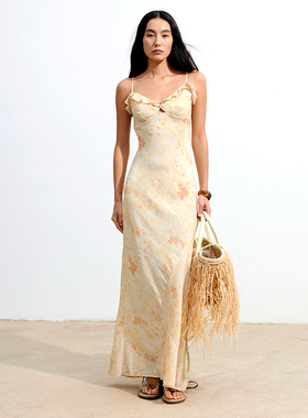 【XSPACE】Dpercent丨花边纽结镂空柔美碎花收腰度假吊带连衣裙