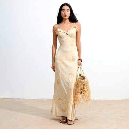 【XSPACE】Dpercent丨花边纽结镂空柔美碎花收腰度假吊带连衣裙