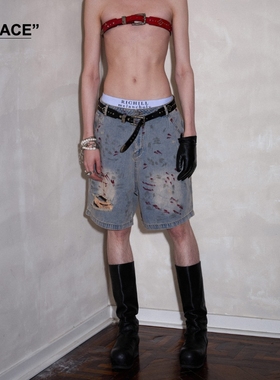 【XSPACE】RICHILL MELANCHOLY 血渍水洗牛仔复古做旧工装短裤