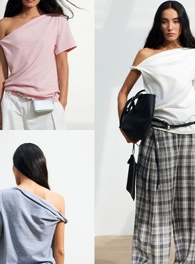 【XSPACE】Dpercent丨混纺透气宽松舒适大领口斜肩两穿短袖T恤