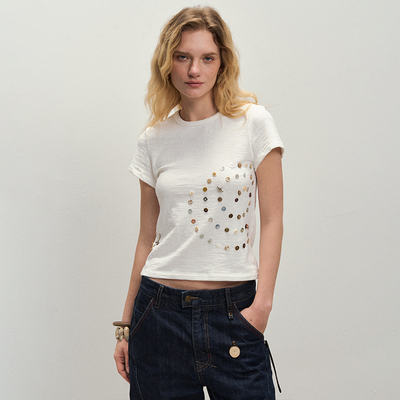 【XSPACE】Dpercent丨颗粒感竹节提花棉贝壳扣装饰蜗牛短袖T恤