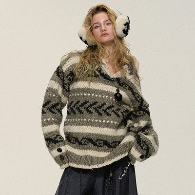 Dpercent花咖啡北欧针织连帽毛衣