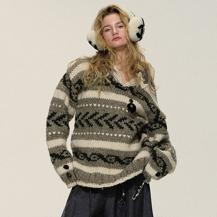 【XSPACE】Dpercent｜灰卡其复古北欧针织提花宽宽松休闲毛衣