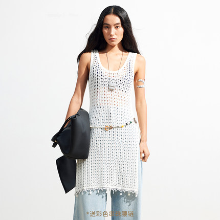 【XSPACE】Dpercent丨镂空毛织透肤抗起球开叉中长款叠穿背心罩衫