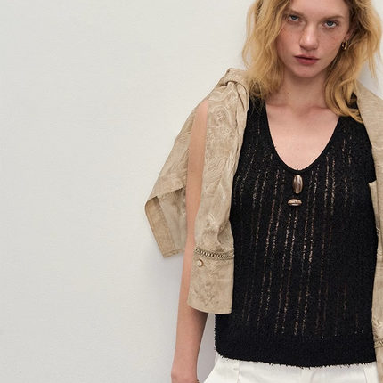 【XSPACE】Dpercent丨夏季宽松v领显瘦无袖上衣镂空毛衣织背心女