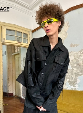 【XSPACE】TRIANGLE PROJECT 刷蜡水洗破坏牛仔拼皮链条夹克外套